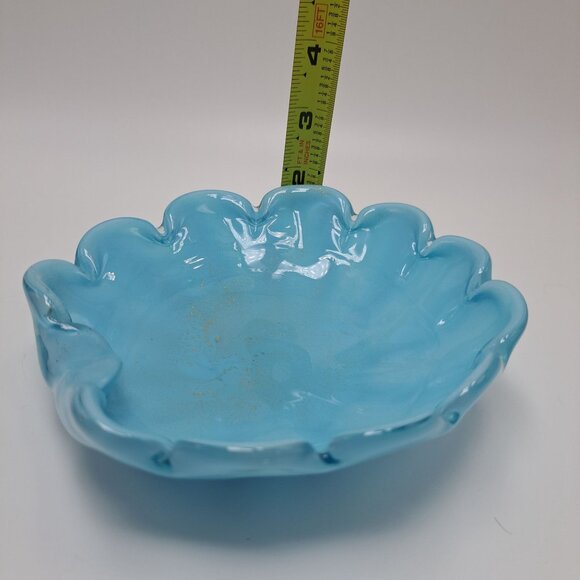 Vintage Blue Murano Glass Scalloped Decorative Bowl With Gold Accents - Picture 3 of 15
